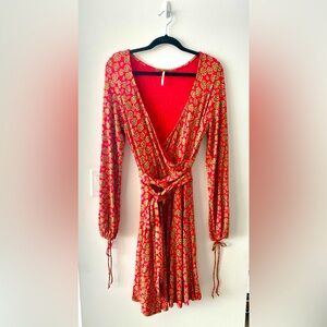 Free People Red/Green Floral Wrap Dress Sz L